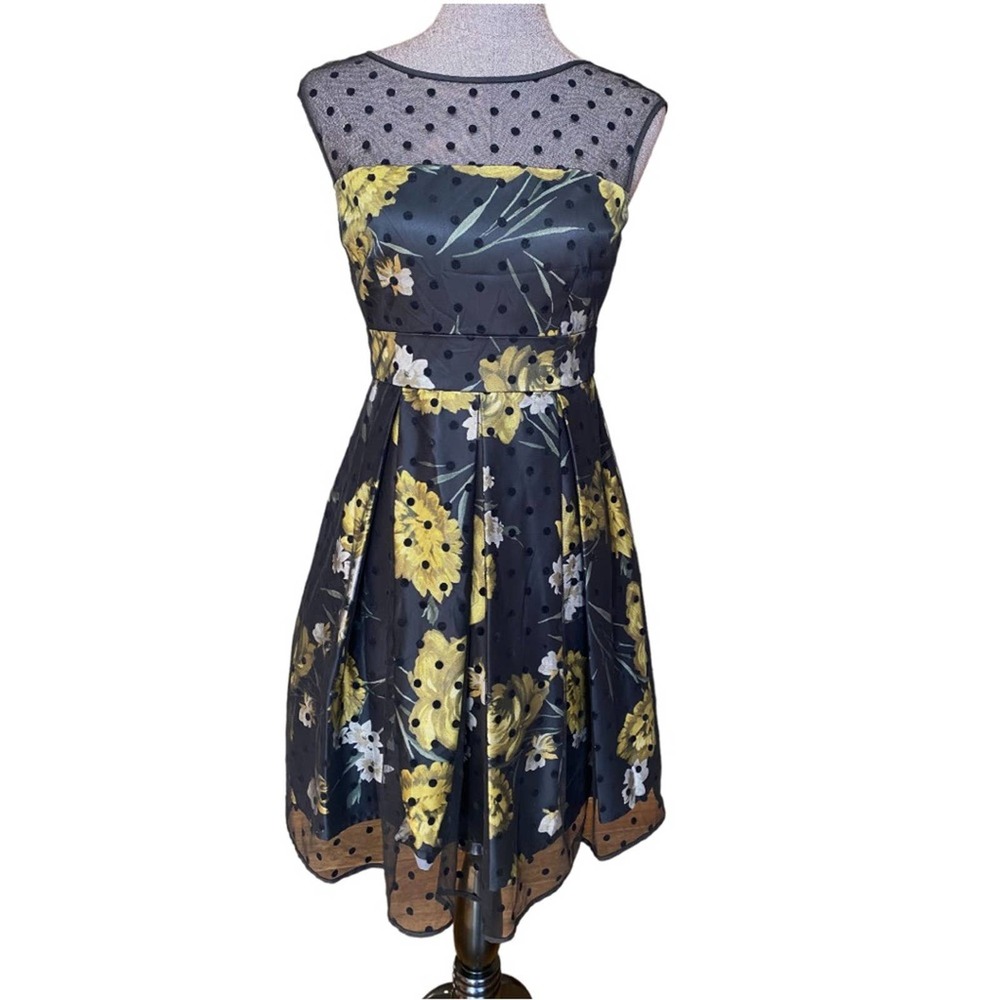 Eliza J Black Mesh Polka Dot Fit-and-Flare Dress with Yellow Floral Print